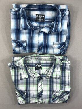 Lot of 2 Skully Shirt Men's 2XL Green Blue Plaid Snap Button Down Long Sleeve